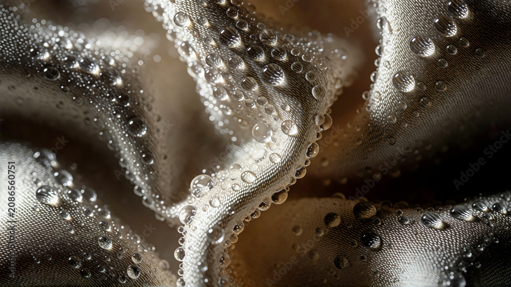Water droplets on textured silk fabric background
