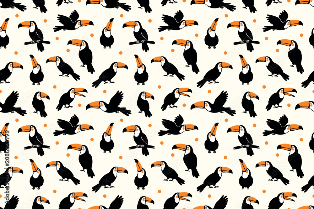 Fototapeta premium Toucan Bird Seamless Pattern with Tropical Birds, Orange Beaks and Playful Jungle Dots