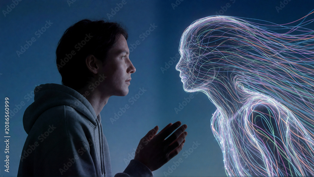 A young man interacting with a glowing digital avatar made of light lines