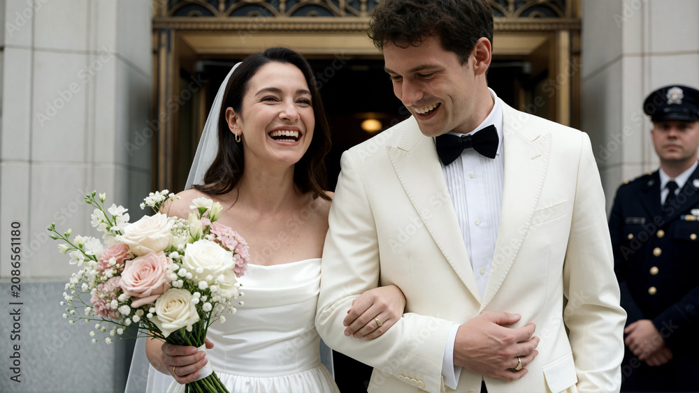 Happy bride and groom walking out of the courthouse after their wedding ceremony