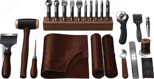 Vászonkép Professional Leathercraft Tool Kit with Brown Leather Rolls Mallet Stitching Pun