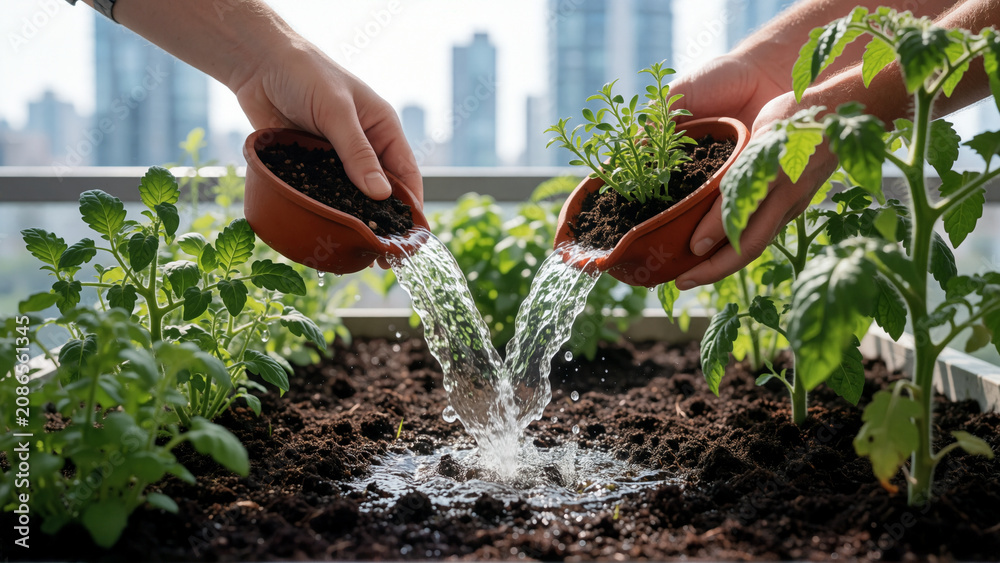 Hands watering young tomato plants in an urban rooftop garden