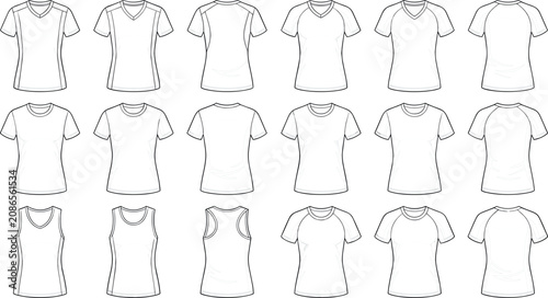 Fotografía Women Sport T Shirt and Tank Top Template Set with V Neck Crew Neck Raglan Sleev