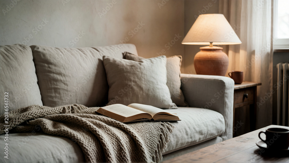 Cozy living room interior with an open book on a linen sofa