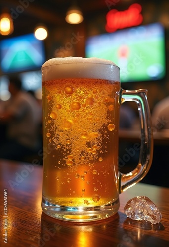 Foamy Cold Beer Mug Overflowing Fresh Brew Close-Up Sports Bar Experience