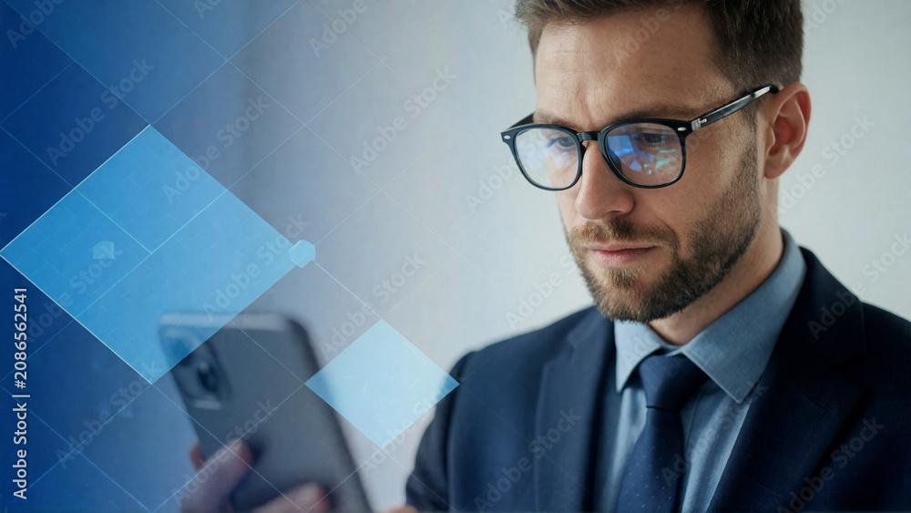 Professional man in suit using smartphone with digital interface overlay