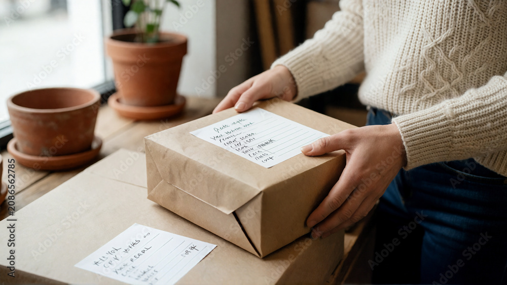 Person preparing cardboard package for shipping in a home office