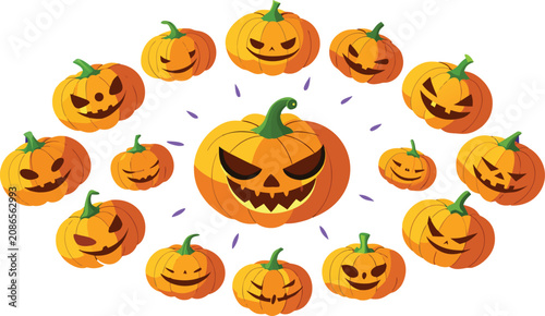 Many orange pumpkins with spooky faces arranged in a circle for a fun halloween celebration