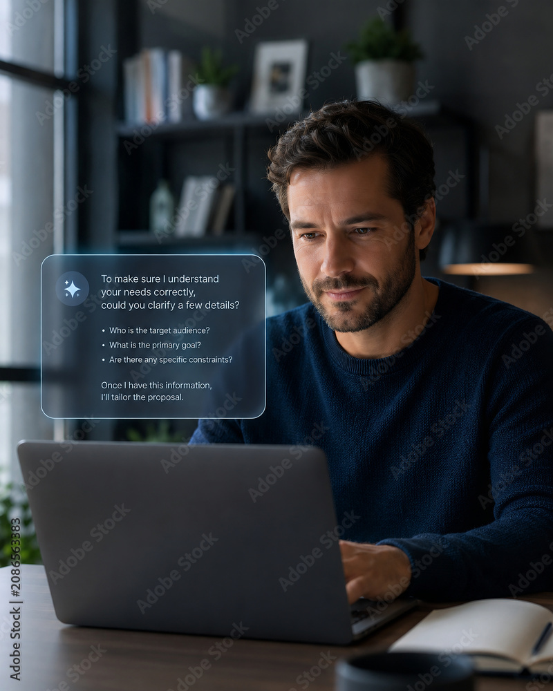 Man working on laptop with AI chatbot interface