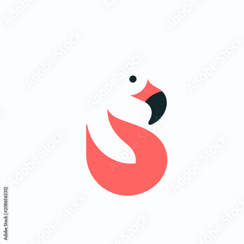 A minimalist logo design featuring a stylized flamingo in coral pink and black, forming an 