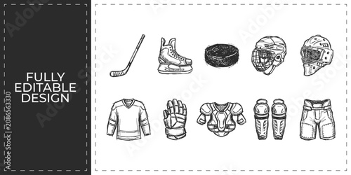 Tableau sur toile Ice hockey training and defensive gear hand drawn icons set featuring skates puc