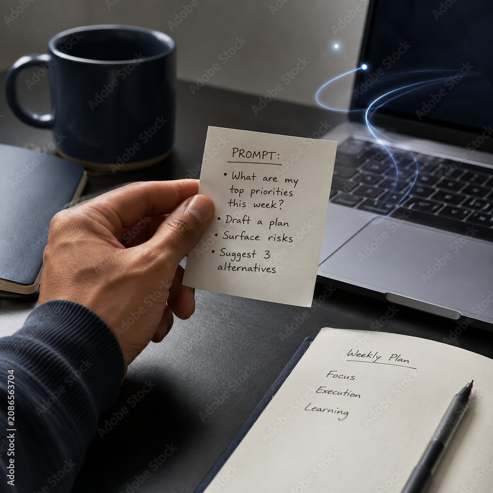 Hand holding a note with AI prompt for weekly planning and productivity