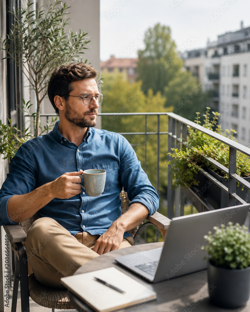 Man working on laptop on balcony with coffee