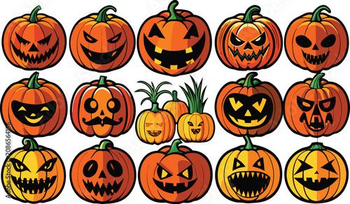 Set of various scary halloween pumpkin jack o lantern faces with different spooky expressions