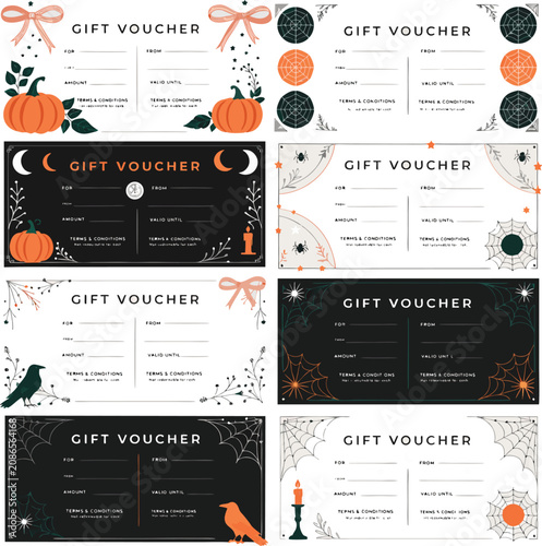 Set of halloween gift voucher templates with pumpkins and spiders