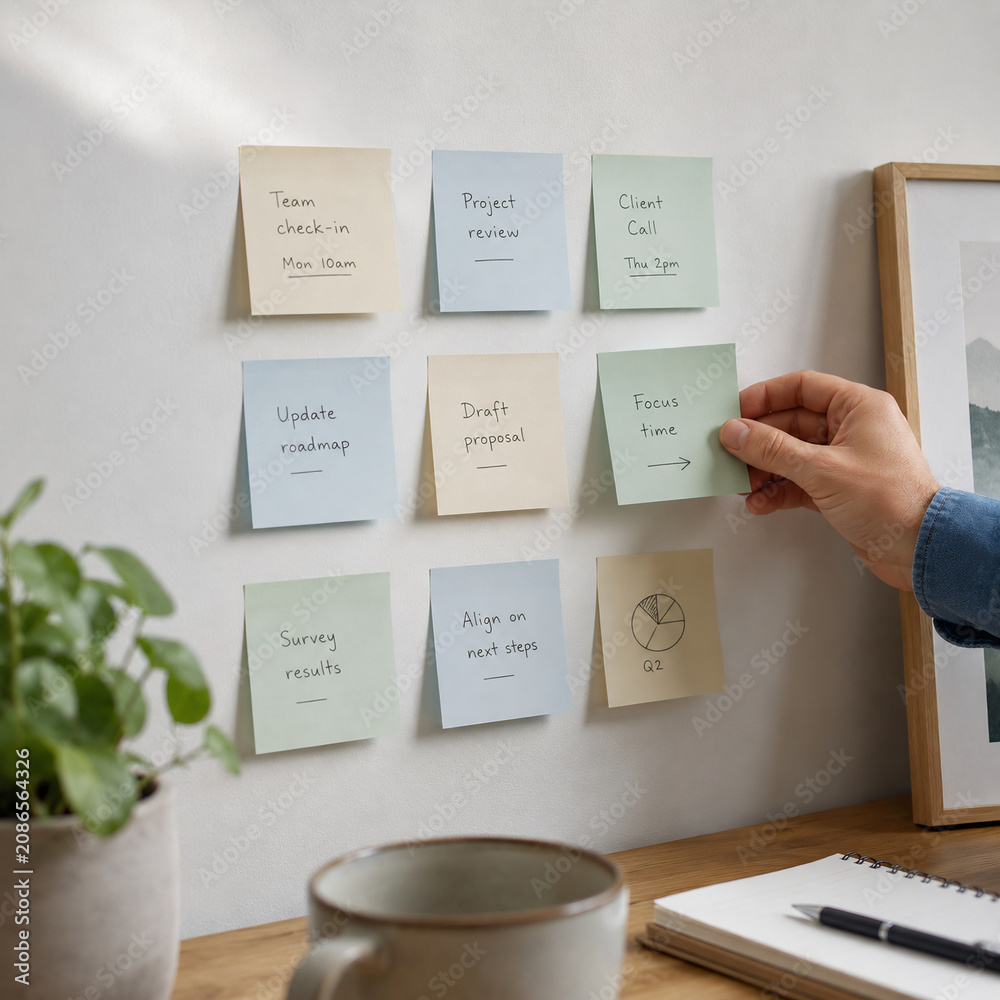 Hand placing sticky note on office wall with task list