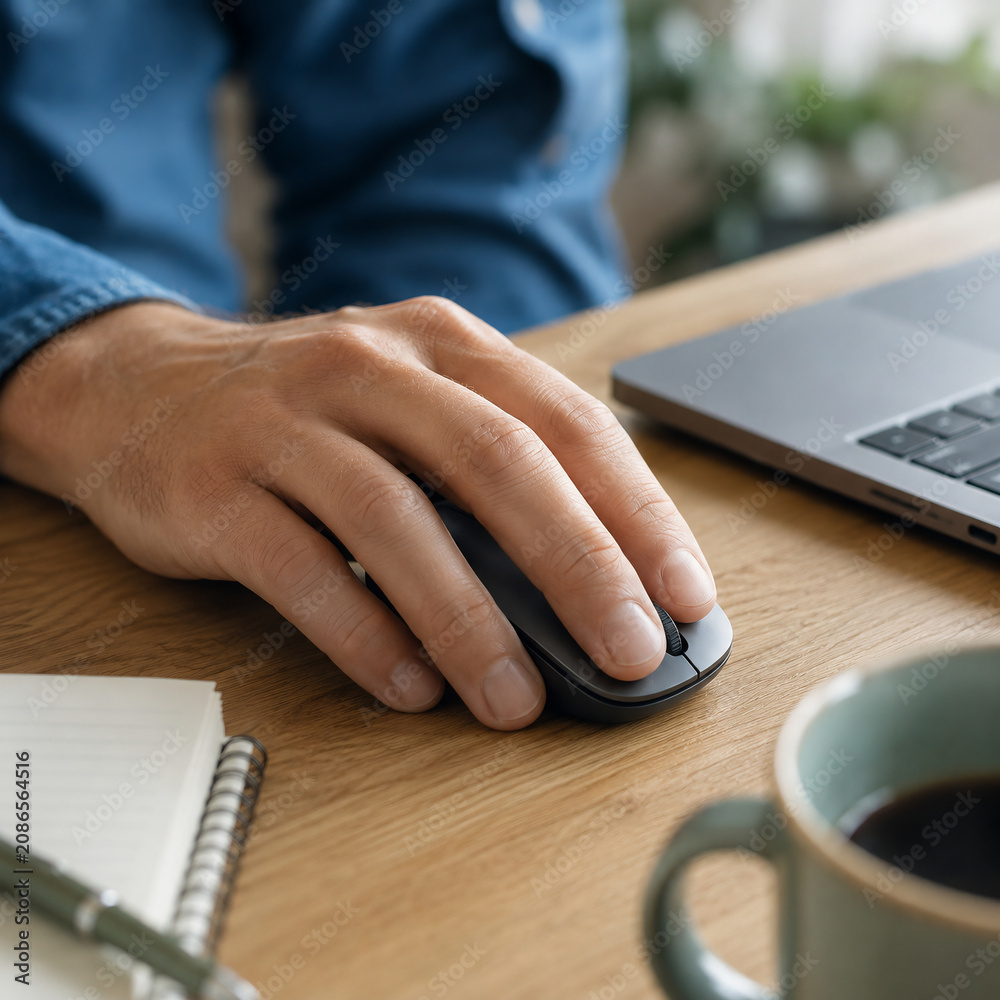 Person using a wireless computer mouse on a wooden desk