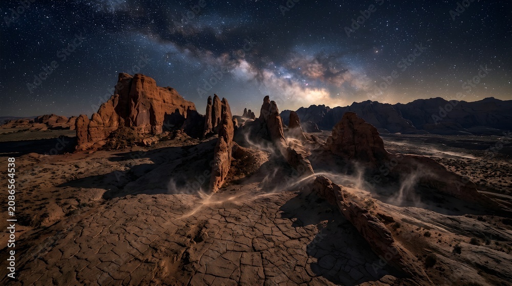 Obraz premium Mountain range sits beneath a starry sky filled with the bright milky way galaxy.