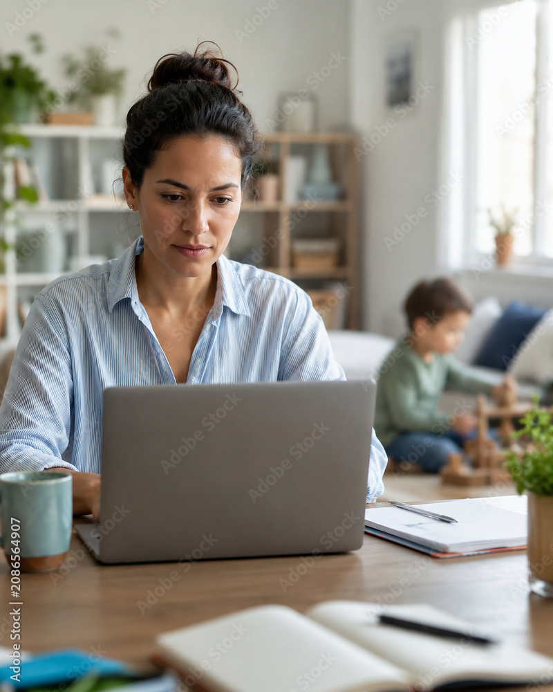 Focused woman working on laptop at home with child playing in background