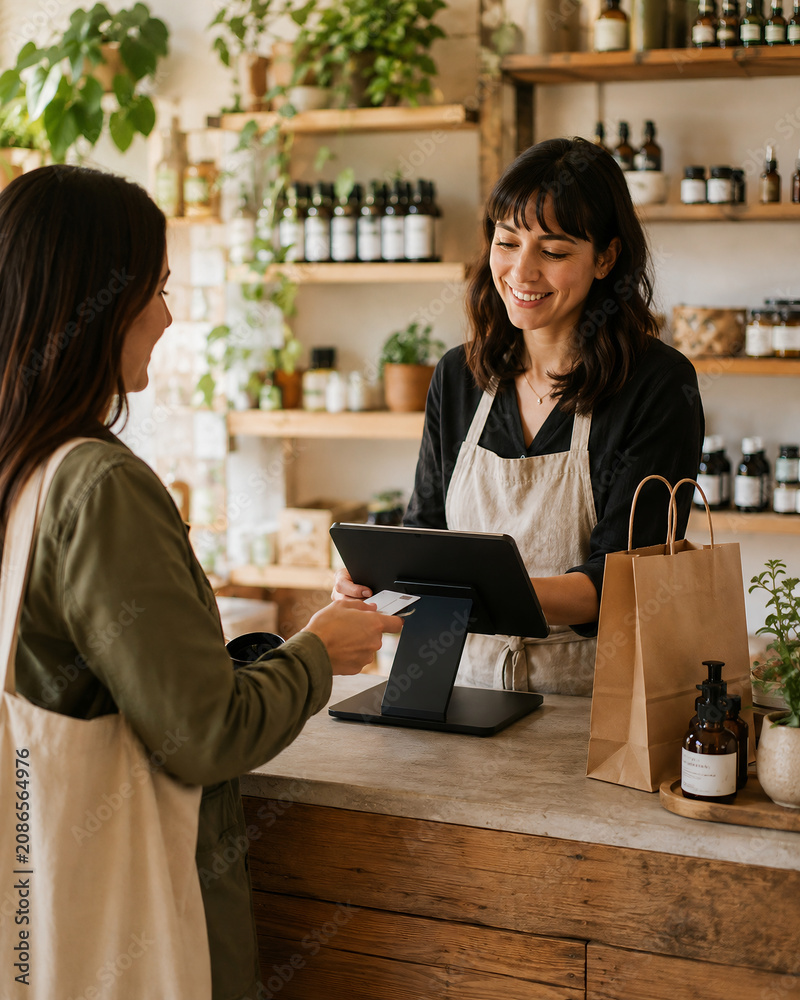 Customer making a contactless payment in a natural skincare shop