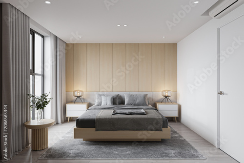 Cuadro en lienzo A sleek and bright bedroom allocated with a minimal interior, double bed against wooden wall