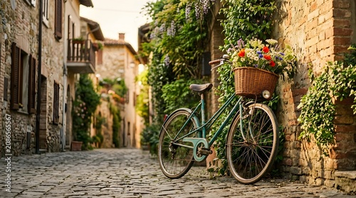 Bicycle stands in a charming stone alleyway decorated with spring flowers.