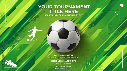 Soccer tournament promotional event poster template with ball and graphic background for sports competition advertisement