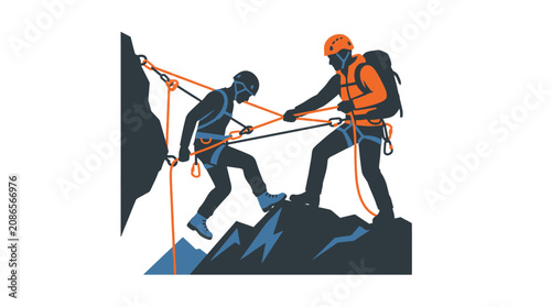 Two mountain climbers scaling a steep rock face with ropes.