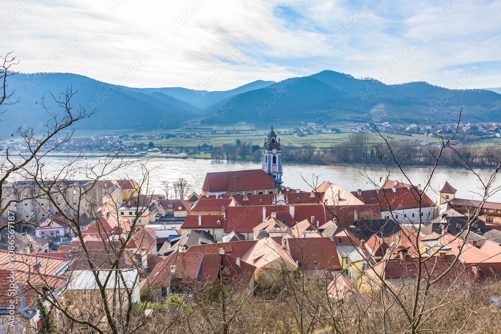 Fototapeta premium The Blue Tower of Duerunstein Abbey, Wachau Cultural Landscape, UNESCO World Heritage Site, Austria