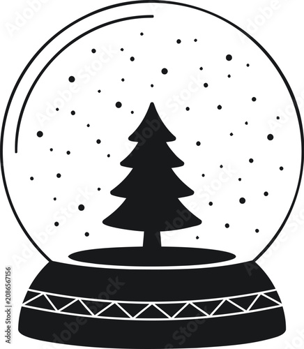 Christmas snow globe, winter wonderland scene, vector illustration, black and white