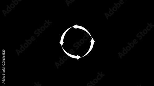 White circular arrows rotating in a continuous loop representing recycling and sustainability on a black background