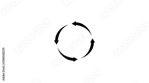 Black circular arrows rotating in a continuous loop indicating recycling or updates on a clean white background