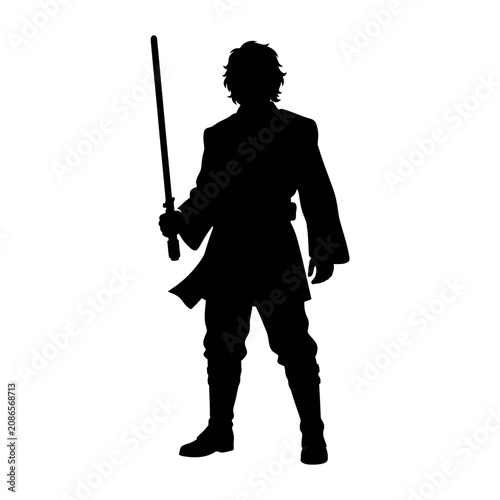 Фотография Silhouette warrior, sword fighter, medieval knight, heroic pose, black vector ic