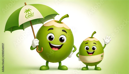 Happy coconut cartoon characters holding an umbrella illustration