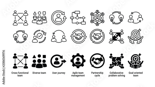 Black and white line icons of teamwork and collaboration concepts on transparent background for business and productivity use