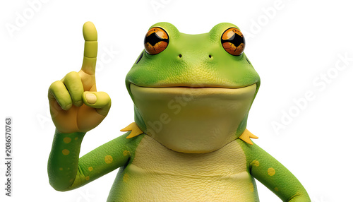 Funny green frog pointing finger up illustration