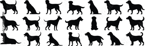 Quadro su tela Large collection of black dog silhouettes in different breeds and poses isolated