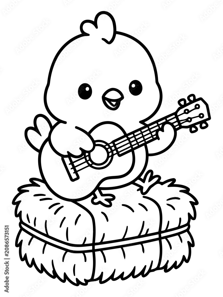 Fototapeta premium Cute chick playing guitar on hay bale: A charming cartoon chick playing an acoustic guitar while sitting on a hay bale, exuding a joyful and musical vibe.