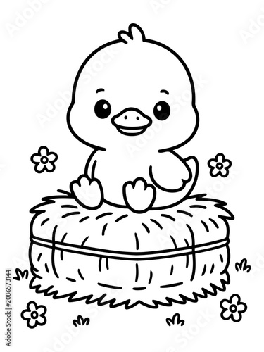 Cute Duckling Coloring Page: A charming illustration of a baby duck sitting on a hay bale, surrounded by small flowers, ready for coloring.