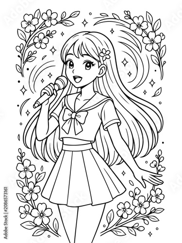 Singing Anime Girl in Bloom: A charming anime illustration of a young girl with long flowing hair, holding a microphone and surrounded by a floral wreath, radiating happiness and musical talent.