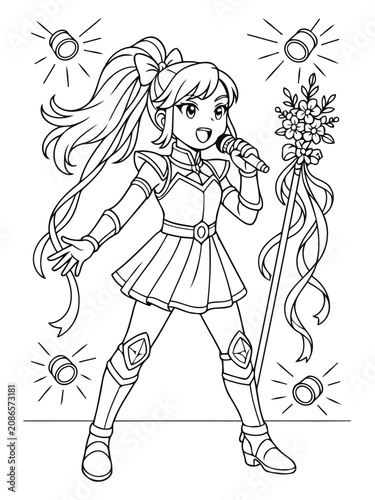 Singer in Spotlight: A young girl with a ponytail and bow sings into a microphone, wearing a stylish outfit with armor accents and holding a decorative wand.