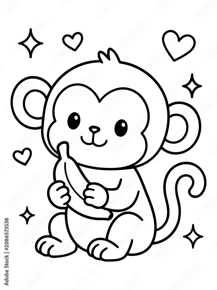 Obraz premium Cute Monkey with Banana Coloring Page: A delightful cartoon monkey, ready for coloring, holds a banana with a sweet expression, surrounded by stars and hearts.