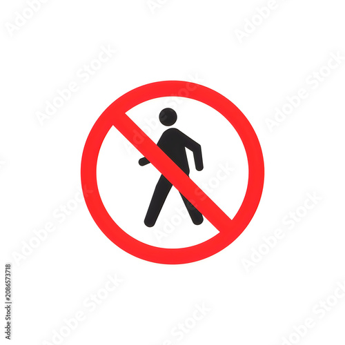 Minimalist Pedestrian Prohibition Sign with Red Cross and Circular Border on White Background