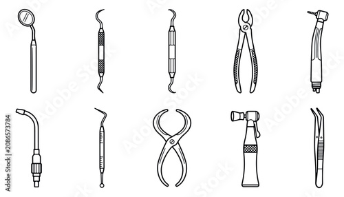 Dental tools line icon set, professional dentistry equipment vector collection, 10 medical stomatology instruments for clinic infographics