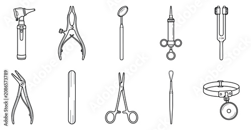 Schilderij op canvas Medical surgical instruments set, 10 professional healthcare equipment icons, mi