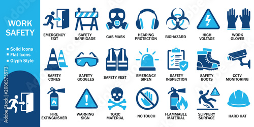 Canvastavla Work safety solid icon set with industrial hazard protection