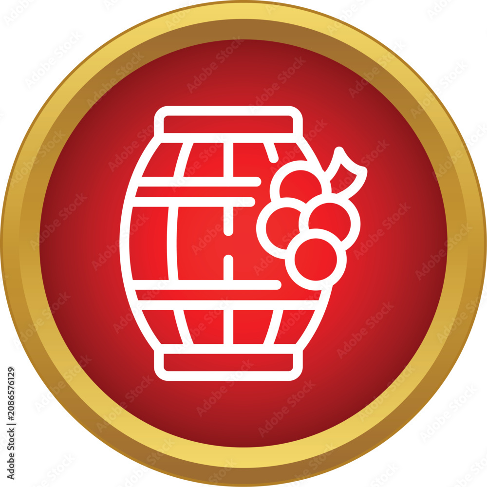 Obraz premium Wine barrel and grape bunch symbolizing winemaking and viticulture on a red and gold icon