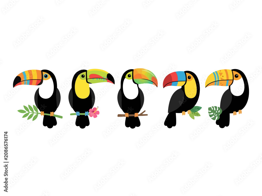 Fototapeta premium A collection of five colorful toucan birds perched on tropical branches.