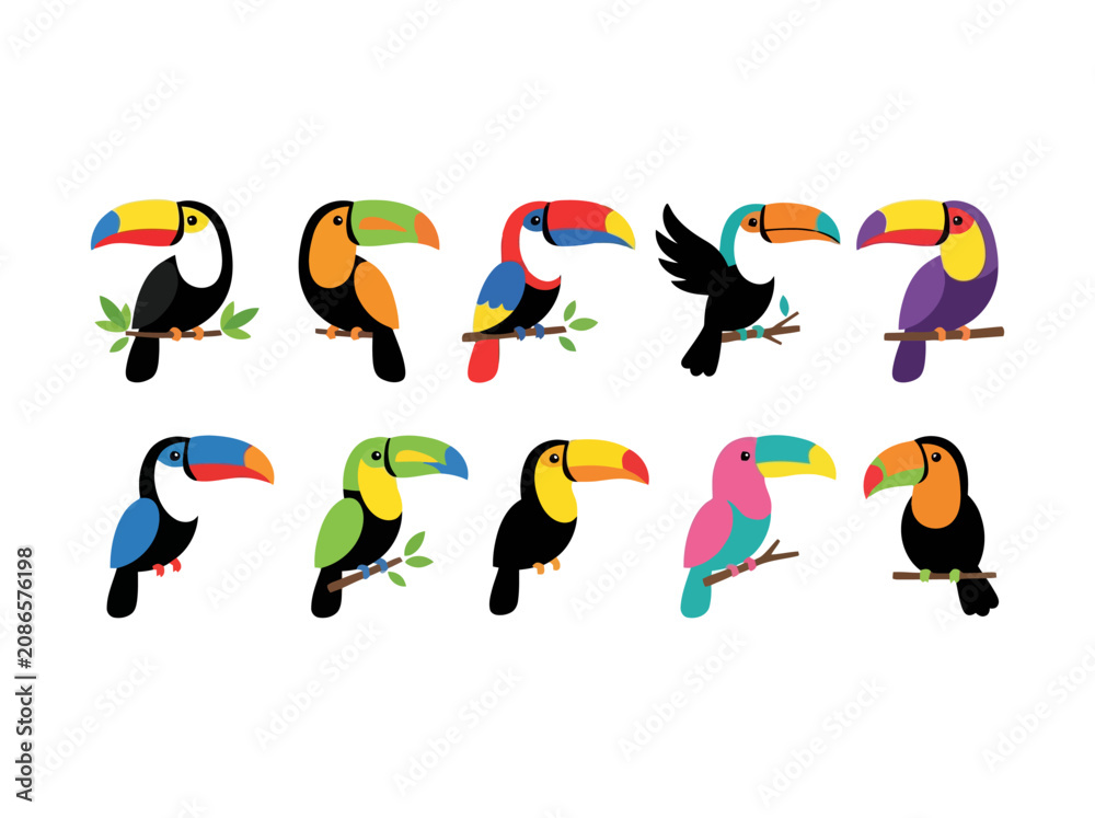 Fototapeta premium A collection of ten colorful toucan bird illustrations in various poses and vibrant color schemes.
