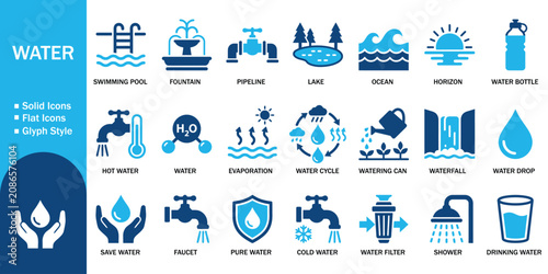Water solid icon set with nature utility resource. Vector illustration of realistic fluid flat symbol, colorful line ocean, drop, pool, cycle, filter, faucet, plumbing template on white background.